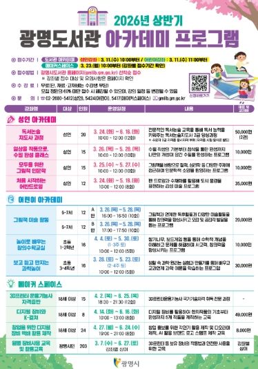 광명도서관 2026년 상반기 아카데미 프로그램 안내문.